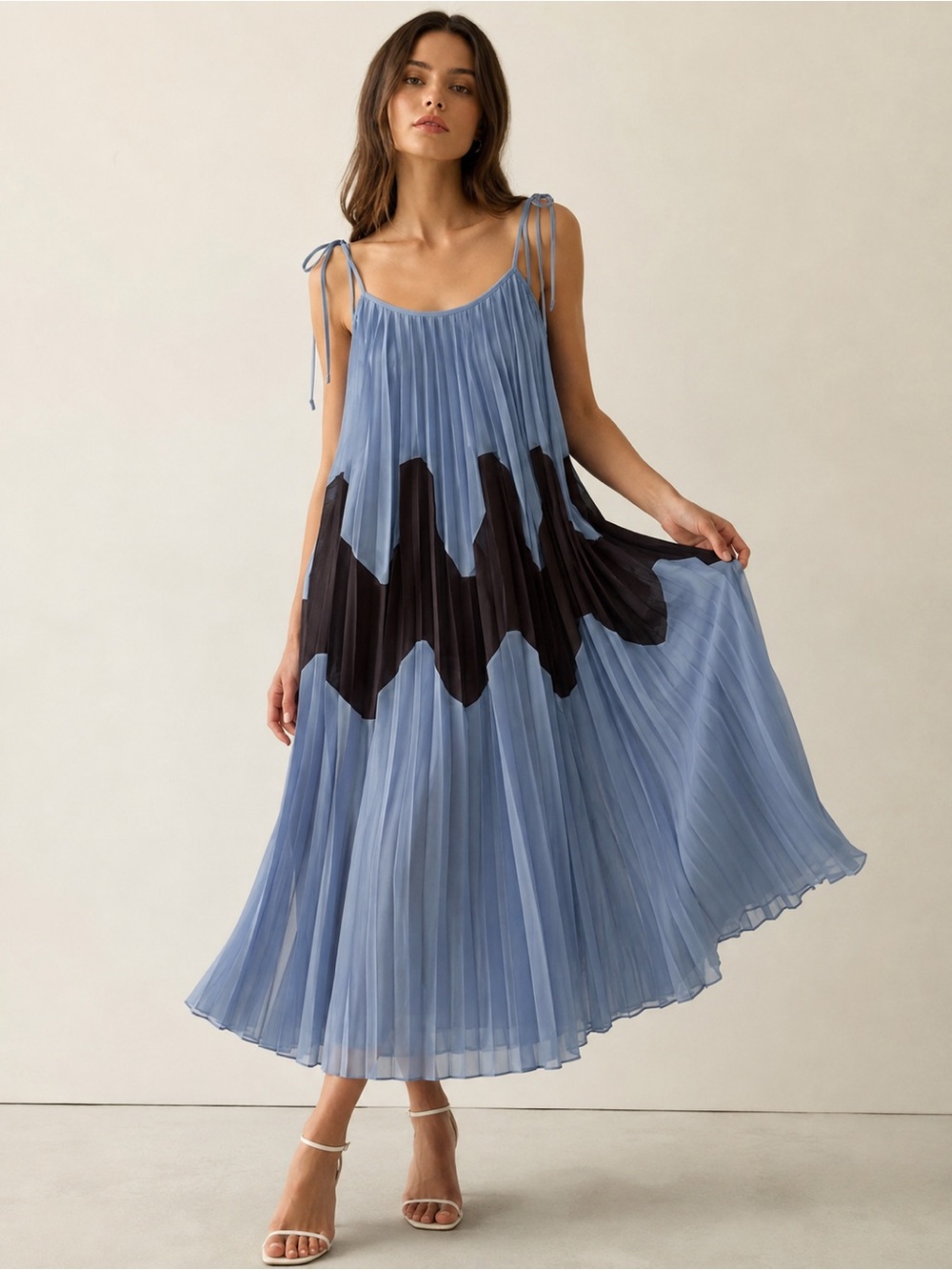 Jil Sander Light Blue Pleated Maxi Dress with Black Chevron